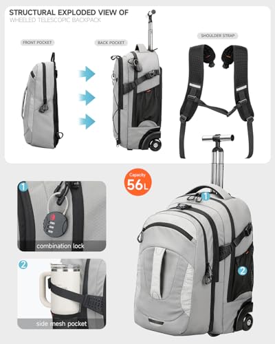 2-in-1 Detachable Backpack with wheels,56L Large rolling backpack-Splits into Daypack & Laptop Backpack Fits 17 Inch Laptop,Water Resistant Luggage suitcase,Air Travel,Weekend Trips - color: Grey