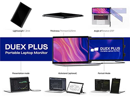 Mobile Pixels Duex Plus Portable Monitor for Laptops, USB C/USB A Plug and Play 13.3" Laptop Screen Extender - color: Duex Plus - 13.3 inch - Black