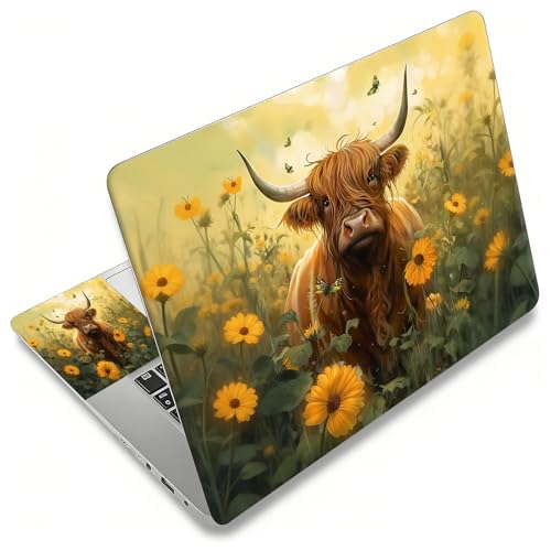 Laptop Skin Sticker Decal, Universal Reusable Vinyl Laptop Cover for 12" 13" 13.3" 14" 15" 15.4" 15.6" Notebook PC, Reusable Waterproof Scratch-Resistant with 2 Wrist Pads,Art Highland Cow Flowers - color: Art Highland Cow Flowers