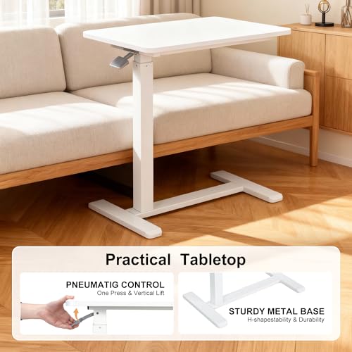 Overbed Table with Pneumatic Height Adjustment, Hidden Casters Rolling Bedside Table, Hospital Bed Table Mobile Laptop Standing Desk for Hospital Home Use, White