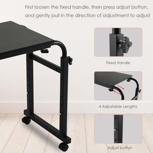 Overbed Table with Wheels,60.6-84.2 inches Mobile Bed Desk, Black | Rolling Computer Desk with 0-65°Tilt Stand,4 Heights and 6 Lengths,Side Storage Basket,for Home,Office and Hospital - color: Black