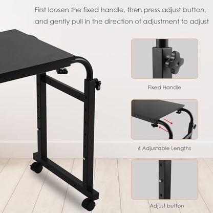 Overbed Table with Wheels,60.6-84.2 inches Mobile Bed Desk, Black | Rolling Computer Desk with 0-65°Tilt Stand,4 Heights and 6 Lengths,Side Storage Basket,for Home,Office and Hospital - color: Black