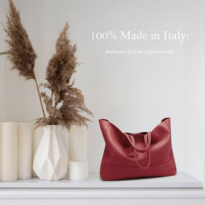 Italian Leather Tote Bag for Women - Large Shoulder Shopper, Fits 16” Laptop, Keychain Holder, Made in Italy - color: Burgundy