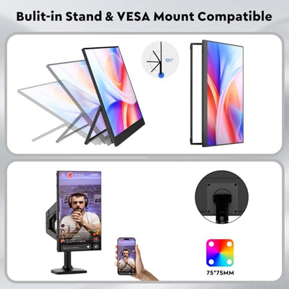 16" 2.5K Wireless Portable Monitor with Battery 8000mAh, 500 Nits HDR Display, 125% sRGB, USB-C / Mini HDMI External Travel Monitor, Auto Rotation, VESA Compatible for MacBook, iPhone, iPad, Windows - size: 16 inch