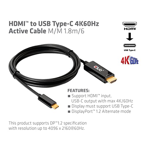 Club 3D 4K 60Hz HDMI to USB Type C Video Cable HDMI 2.0 (Male) to USB Type C (Male) Active Monitor Converter 1.8m/6 Feet CAC-1334 - style: Cable M/M 1.8m