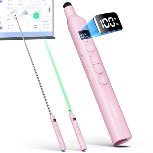 N21 Bluetooth Presentation Clicker for PowerPoint with Retractable Pointer | ①Green laser ②Telescopic touch pen ③Countdown timer, vibration alert ④Customizable Button ⑤Rechargeable;battery level display - color: Pink - Green Pointer