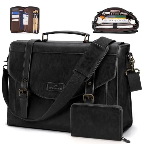 RAINSMORE Flap Messenger Bag for Men Vintage PU Leather Laptop Bag 15.6 Inch Retro Briefcase with Wallet Satchel Computer Bag - color: Black