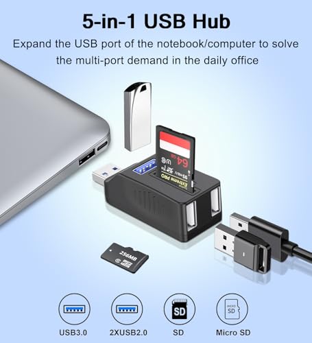 VIENON 5-Port USB 3.0 Hub with SD TF Card Reader, USB Extender Adapter with Memory SD/Micro SD Card Reader, USB 3.0/2.0 Ports, Portable USB Splitter for Laptop,PC, Camera, Flash Driver, HDD, Dash Cam - style: 5 Port