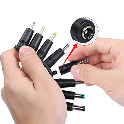 QIANRENON 8-in-1 Universal DC Power Adapter Converter Multi-Gauge DC Power Supply Plug 5.5mm x 2.1mm Female to Male Adapter with DC 5.5 x2.1mm Black Tuning Fork Cable (22cm)