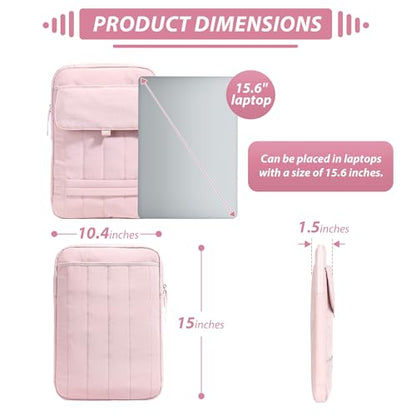 15.6 Inch Puffy Laptop Sleeve with Handle, Vertical Quilted Laptop Shoulder Bag with Luggage Strap, Compatible with 14-Inch Laptops, MacBook Pro/Air/Neo M5/M4/M3, for Women Travel Work (Pink) - color: Pink