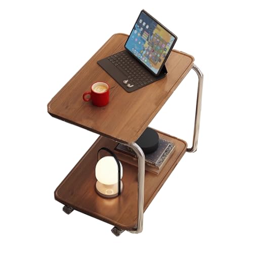 Overbed Table with 360 Wheels Panel Bedside Table, Modern Minimalist Sofa Side Table, U Shaped Built in Side Table, Double Shelf, for Bed, Sofa(Brown) - color: Brown
