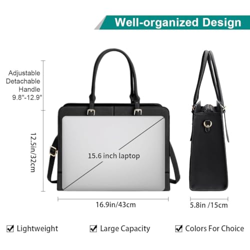 Laptop Bag for Women 15.6 Inch Leather Work Tote Briefcase Business Computer Shoulder Bag Large Capacity Waterproof Office Messenger Handbag Professional Teacher Nurse Carryall - color: Black