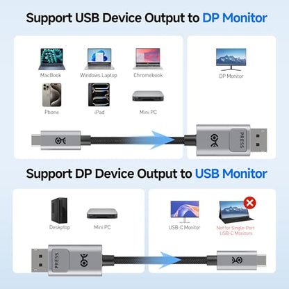 Cable Matters 40Gbps Bidirectional USB C to DisplayPort 2.1 Cable, 6ft/1.8m | DP40 (UHBR10), 8K@120Hz / 4K@480Hz, DisplayPort to USB C Cable, No Power Delivery - size: 6 Feet