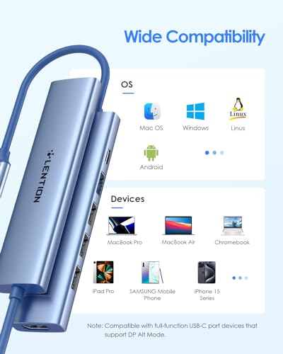 LENTION 6-in-1 USB C Hub, 4K@30Hz HDMI, 100W PD, 1 USB 3.0, 3 USB 2.0 | Ideal for Work & Study, Stable Driver 3.0 Certified, Compatible with macOS, iOS/iPadOS, Windows & ChromeOS (CH17, Blue) - color: Blue
