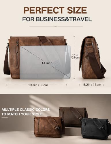 VX VONXURY Messenger Bag for Men, Pu Leather 14 Inch Laptop Briefcase Bag for Work Bussiness and School,Brown - color: 14 Inch Brown