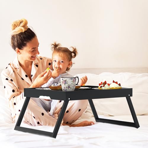 Bamboo Bed Tray Tables with Folding Legs, Medium, 2-Pack, Black | Two FSC-certified bamboo bed trays with folding legs, handles and raised edges for meals, laptops, reading and serving. - color: Black, size: Medium - 2pc