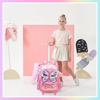 Meetbelify Rolling Backpack for Girls Backpacks with Wheels for Elementary Preschool Students 3 in 1 Carry on Travel Luggage Kids Suitcase with Lunch Box Pencil Case for Girls Age 8-10 - color: Butterfly 02