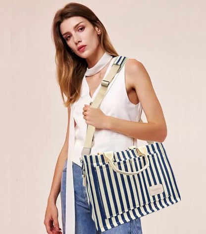 Large Canvas Tote Bag for Women Work Tote Bags with Pockets Laptop Crossbody Purses Everyday Bag Handbags for Travel - color: New Upgrade Plus Blue Stripe