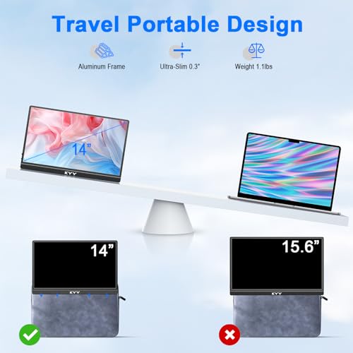 KYY Portable Laptop Monitor,14"1080P Travel Computer Screen with VESA Mount | 14"USB-C & HDMI Computer Gaming Screen with Smart Cover, Dual Speakers, for Mac PC Phone Xbox PS5 Switch, K5-3 - color: Black