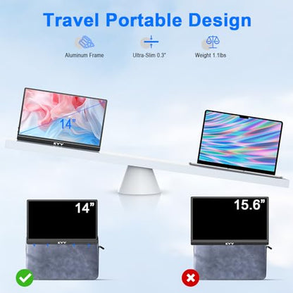 KYY Portable Laptop Monitor,14"1080P Travel Computer Screen with VESA Mount | 14"USB-C & HDMI Computer Gaming Screen with Smart Cover, Dual Speakers, for Mac PC Phone Xbox PS5 Switch, K5-3 - color: Black