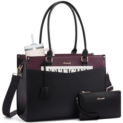 LOVEVOOK Laptop Bag for Women, 2-in-1 Tote Purse with Clutch & Cup Holder, Waterproof Briefcase for Work Travel - color: Wine Red-black, size: 15.6 inch