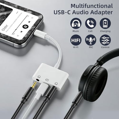 Vcddom USB C to Dual 3.5mm Audio Headphone and Charger Adapter, 3 in 1 USB C to 3.5mm Jack Audio Adapter with 60W Fast Charging Compatible with iPhone 17/16, Galaxy S25/S24/S23, Google Pixel 10/9
