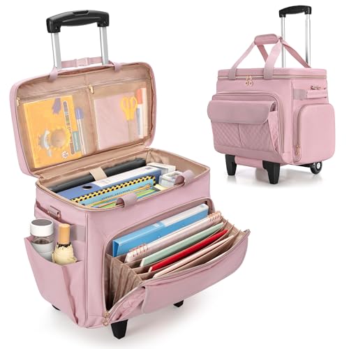 LUXJA Rolling Teacher Bag with Wheels and 15.6" Laptop Compartment, Pink | Rolling Briefcase for Women with Accordion File Area, Teacher Tote Bag for Work with Detachable Dolly and Shoulder Strap - color: Pink
