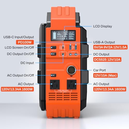 BROWEY 1600W (3200W Peak) Portable Power Station, 1024Wh LiFePO4 Battery with Built-in Solar Panel, 100W USB-C PD, Solar Generator for Camping, RV, Home Backup, Emergency - style: S1600 Orange