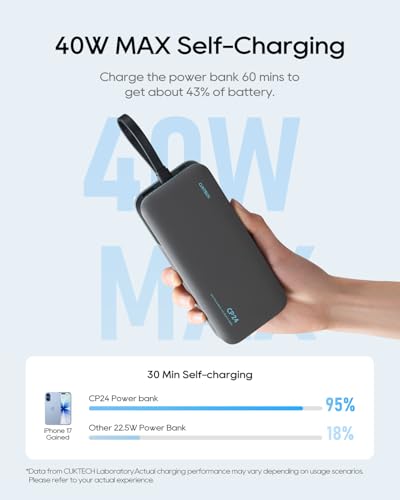 CUKTECH 20,000mAh Power Bank with Built-in USB-C Cable, 40W PD Fast Charging Portable Charger, 3-Port Battery Pack for iPhone 17/16, Samsung S26/S25, iPad Pro, MacBook Air, Travel Essentials - color: Grey