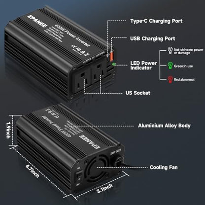 400W Power Inverter 12V DC to 110V AC, Car Charger Plug in Adapter Outlet with PD 65W USB-C&QC 18W Port, Portable Power Converters for Laptop Vehicles Camping Road Trip Essentials Adults-Black - color: black