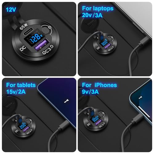 12V USB Outlet Aluminum Car Charger PD65W Port for Laptops, Quick Charge 3.0 USB Port for Car, Built-in Boost 15V 20V Output Socket Waterproof with Voltmeter and Switch for RV Marine Boat, etc