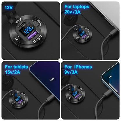 12V USB Outlet Aluminum Car Charger PD65W Port for Laptops, Quick Charge 3.0 USB Port for Car, Built-in Boost 15V 20V Output Socket Waterproof with Voltmeter and Switch for RV Marine Boat, etc