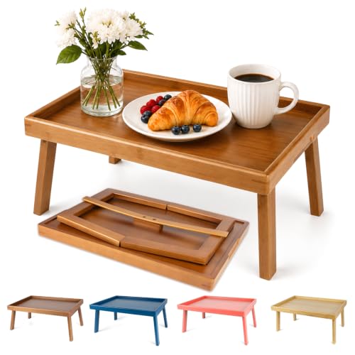 Bamboo Bed Table Tray with Support Bar and Foldable Legs, Breakfast Food Trays Table for Bed Sofa Eating and Laptops, TV Lap Tray Table on Couch (Applied for Invention Patent) - color: Vintage Brown, size: 16.9x11.8x8 in