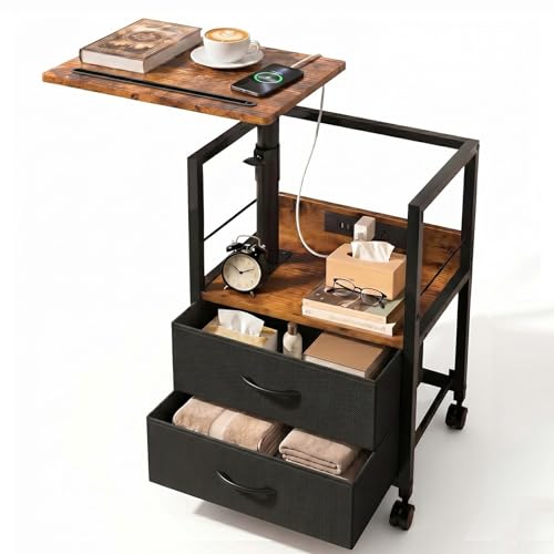Faesun Swivel Lift Top Nightstand with Charging Station, Rolling Side Table for Recliner, Bedside Table with Wheels & 2 Fabric Drawers, for Small Spaces, for Bedroom, Living Room, Brown Black - color: 01 - Brown Black, size: 2 Drawers