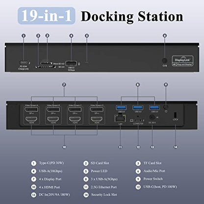 WAVLINK DisplayLink Laptop Docking Station Quad Monitor 4K@60Hz for MacBook | 100W PD Charging for Laptop with Thunderbolt 5/4/3, USB-C/A - M1-M5 Mac/Neo/Windows- 4 HDMI, 4 DP, SD 4.0, 2.5Gbps LAN - color: Black