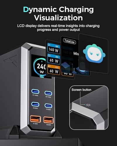 USB C Charger Block, 240W GaN USB C 6-Port Charger Station, Laptop Power PD Adapter with Touch Control and Color Display, Charging Station for MacBook, iPhone, Samsung, Laptop, iPad, Desktop, and More