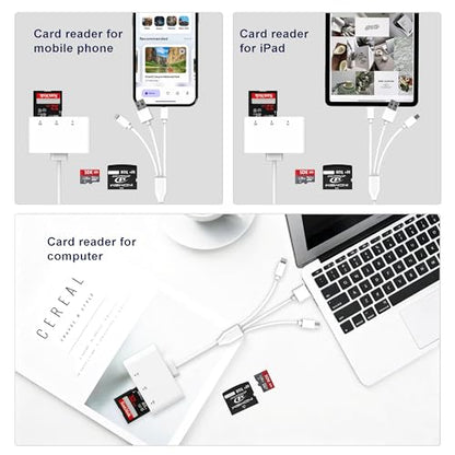 3-in-1 SD Card Reader for iPhone with Lightning/USB-C/USB-A - XD,SD,MicroSD Memory Card Adapter up to 2TB, Compatible with iPhone 16/15/14, iPad, Android, MacBook,PC,Camera & Drone