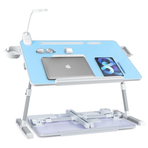 Adjustable Laptop Lap Desk with Cooling Fan USB Light for Adults - color: Blue,70x45cm