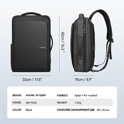 Muzee Laptop Backpack for Men,15.6 Inch Slim Business Backpack with USB Charging Port,Water-Resistant High-Tech Daypack Casual Backpack Fits for Office Travel Daily Commut