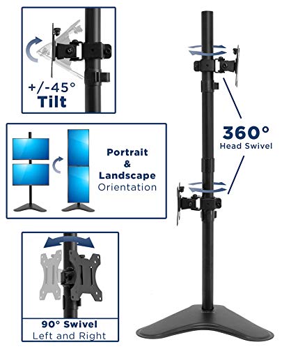 Mount-It! Vertical Dual Monitor Stand, Freestanding Stacked Monitor Mount for 2 Screens 17–32", Height Adjustable, Tilt Swivel Rotate, Portrait or Landscape, Holds 17.6 lbs per Arm, No Desk Clamp Needed