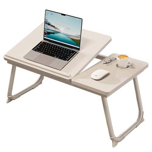 Foldable Laptop Desk for Bed, 21.6" Split Desktop Adjustable Lap Desk for Adults, 5 Tilt Angles Ergonomic Laptop Table with Cup Holder, No Assembly Portable Bed Desk for Couch, Office, Travel (White) - color: White