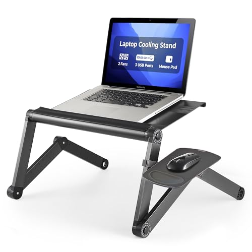 WorkEZ Cooling Adjustable Laptop Stand for Desk w/Fan USB Ports Mouse Pad Ergonomic Foldable Laptop Stand Riser Portable Computer Holder, Black - color: Black