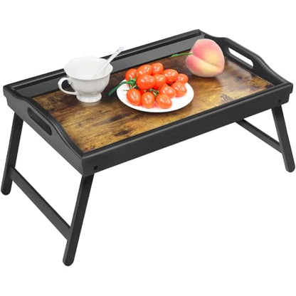 Tray Table for Bed, Bamboo Breakfast Serving Tray with Folding Legs and Handles, Laptop and Snack Bed Table with Cross Bar & Media Slot, Dark Brown with Black Legs, for Bedroom, Sofa, Kitchen - color: Brownish-black