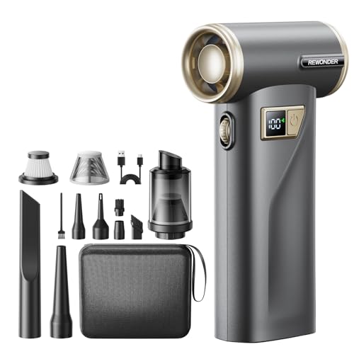 REWONDER Electric Air Duster Cordless Rechargeable Cleaner with Vacuum | 130000RPM brushless motor, 100 adjustable speeds, LED display, 2-in-1 blow & vacuum, for PC, keyboard, car, home cleaning