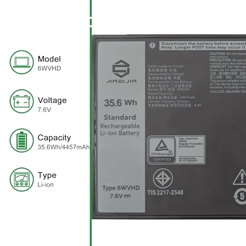 6WVHD 451-BDDY Laptop Battery Replacement for Dell Latitude 7230 Rugged Extreme Tablet T06H T06H001 Pro Rugged 12 Tablet RA02260 Series FNW8F 0VDDJY VDDJY 0JM6CX JM6CX 7.6V 35.6Wh 4457mAh - size: 11.2*4.3*1.0inch 6WVHD