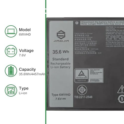 6WVHD 451-BDDY Laptop Battery Replacement for Dell Latitude 7230 Rugged Extreme Tablet T06H T06H001 Pro Rugged 12 Tablet RA02260 Series FNW8F 0VDDJY VDDJY 0JM6CX JM6CX 7.6V 35.6Wh 4457mAh - size: 11.2*4.3*1.0inch 6WVHD