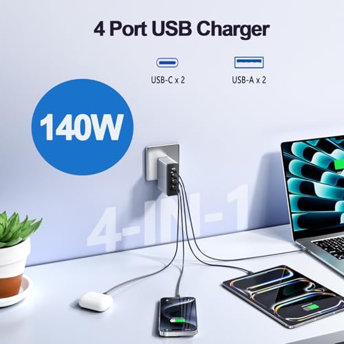 140W USB C Charger, GaN Laptop Charger PD3.0 PPS Wall Charger 4 Port mit 2M Cable Fast Charging Compatible with MacBook Pro/Air/Dell/iPhone/Galaxy/Laptop/Tablet/Mobile