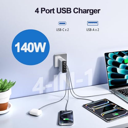 140W USB C Charger, GaN Laptop Charger PD3.0 PPS Wall Charger 4 Port mit 2M Cable Fast Charging Compatible with MacBook Pro/Air/Dell/iPhone/Galaxy/Laptop/Tablet/Mobile
