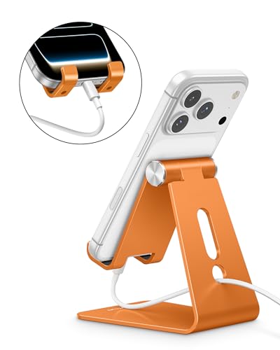 OMOTON Adjustable Cell Phone Stand, Aluminum Desktop Cellphone Stand with Anti-Slip Base and Convenient Charging Port, Fits All Smart Phones, Orange | Sturdy 3mm Aluminum, Charging Port, 270° Adjustable, Non-Slip Silicone Pads, Works with Thick Cases, for
