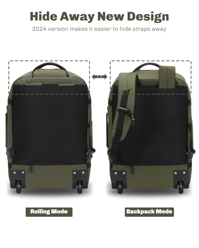 Hynes Eagle Rolling Backpack 42L Backpack with Wheels Airline Approved Carry on Luggage Laptop Travel Suitcase Bag for Women Men Dark Green - color: Dark Green